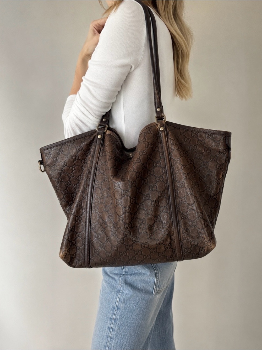 Vintage Gucci Joy Guccissima Brown Leather GG Embossed Tote